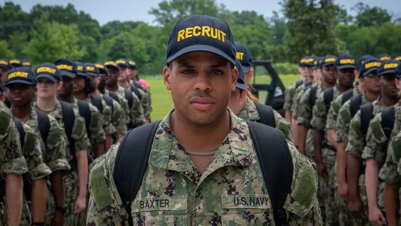 Navy recruits wearing ball caps marked RECRUIT stand in formation outdoors