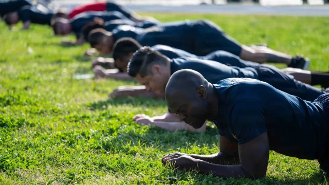 Row of sailors hold a forearm plank on grass during a physical readiness test