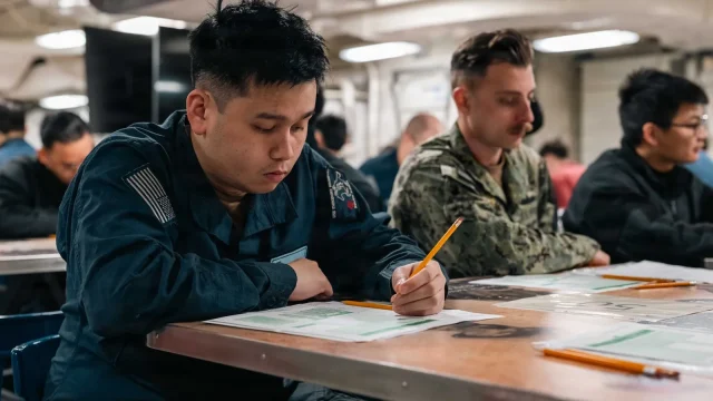 Two sailors concentrate on a written exam at a table aboard an aircraft carrier